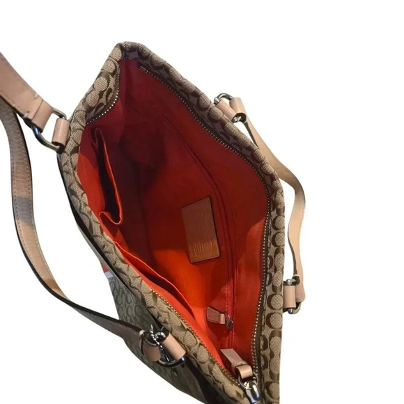 Coach Signature Silver Khaki Hot Orange Purse Jacquard Fabric Leather #056 - Picture 3 of 5